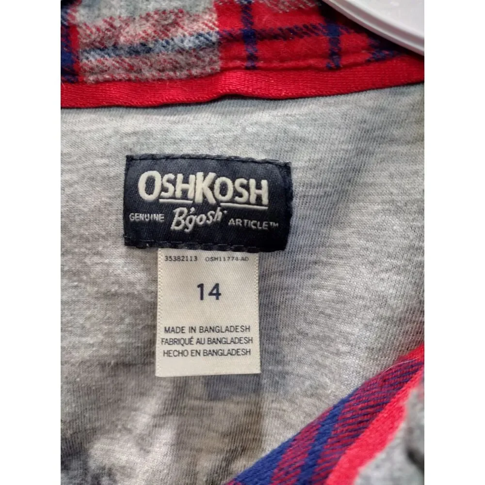 OshKosh B'gosh Boys Size 14 Flannel Plaid Button Down Shirt Red Blue Gray Cotton